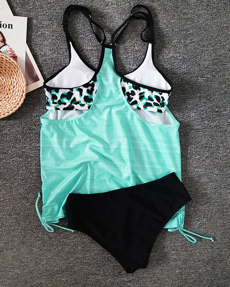 Striped Scoop Neck Blouson Tankini Set
