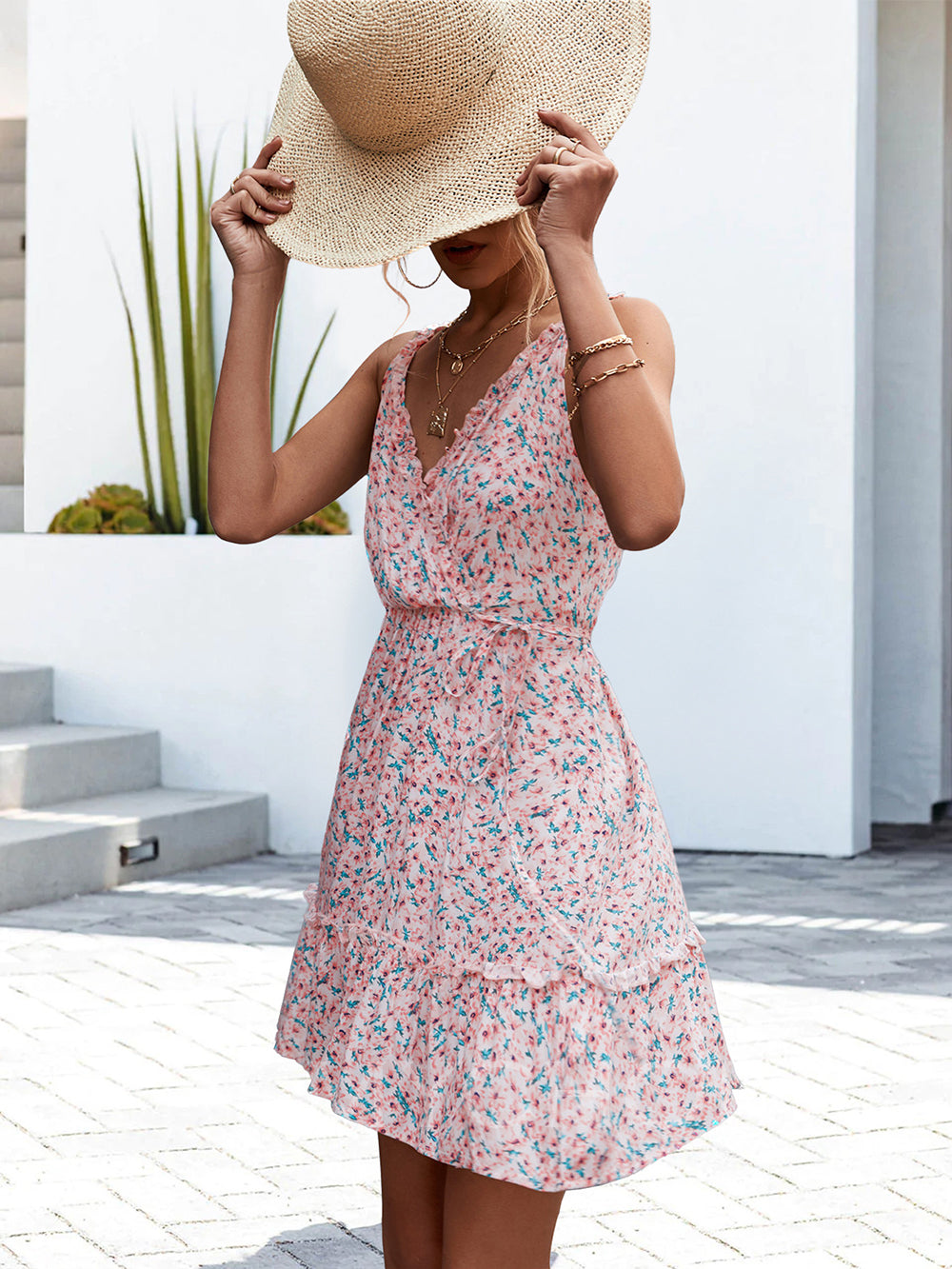 Ditsy Floral V-Neck Ruffle Strap Tiered Mini Dress