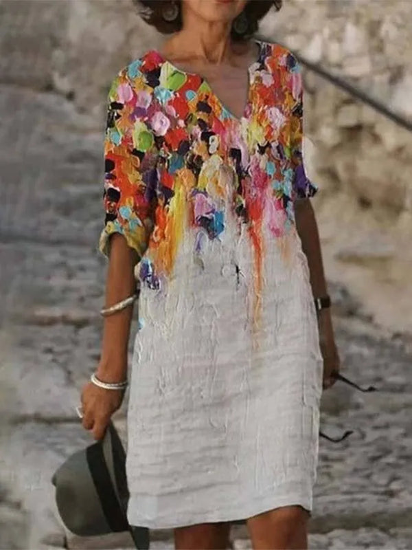 Abstract Print V-Neck Elbow Sleeve Color Block Shift Dress