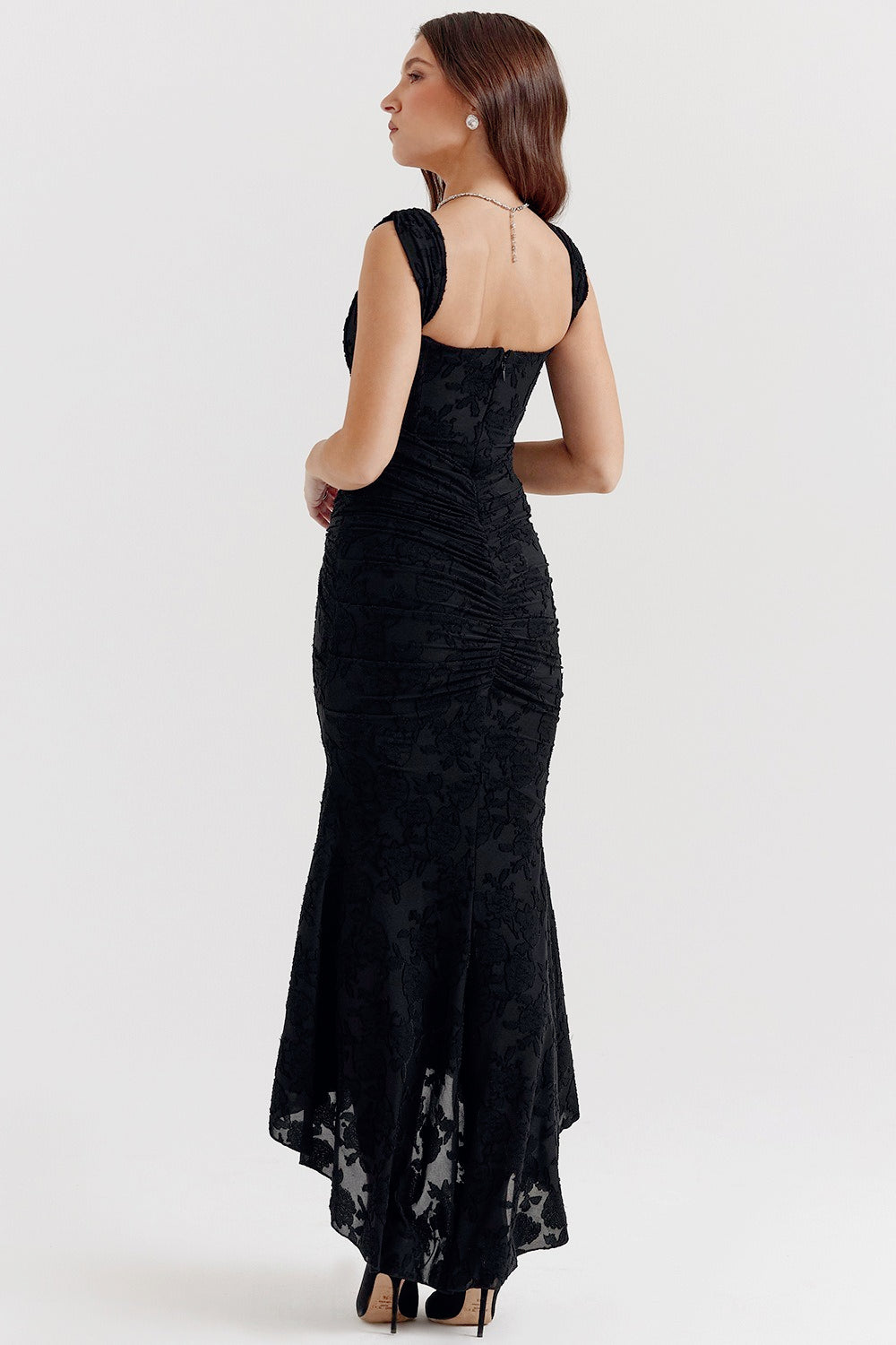 Velvet Square Neck Ruched Waist Lace Midi Dress