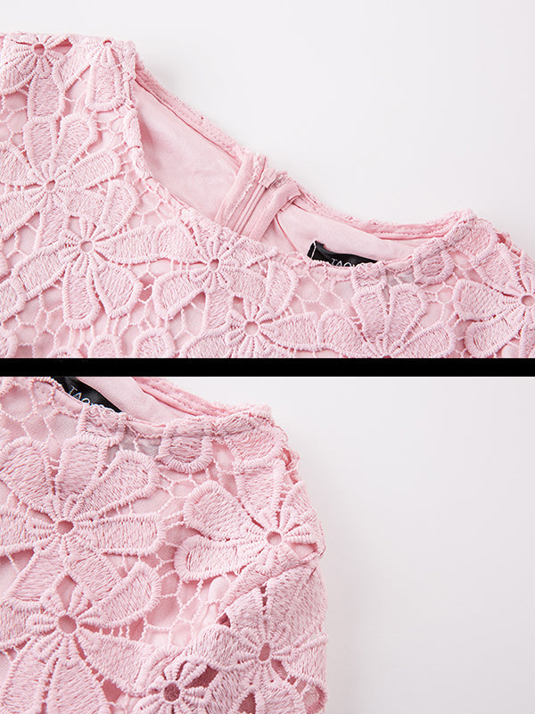 Floral Lace Round Neck Elbow Sleeve Scalloped Hem Shift Mini Dress