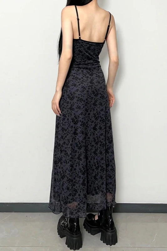 Mesh Floral Print Lace Trim Spaghetti Strap Ankle Length Maxi Dress