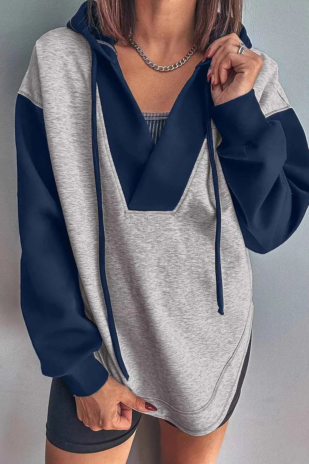 Color Block Patchwork V Neck Drawstring Hoodie