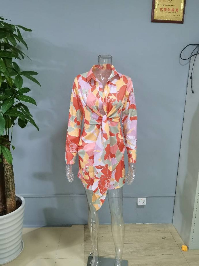 Abstract Print Satin Plunge Collared Tie Waist Long Sleeve Shirt Dress 4
