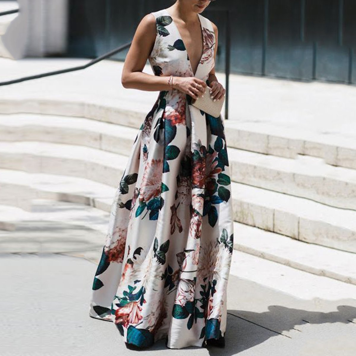 Floral Satin Deep V-Neck Sleeveless Maxi Gown 4