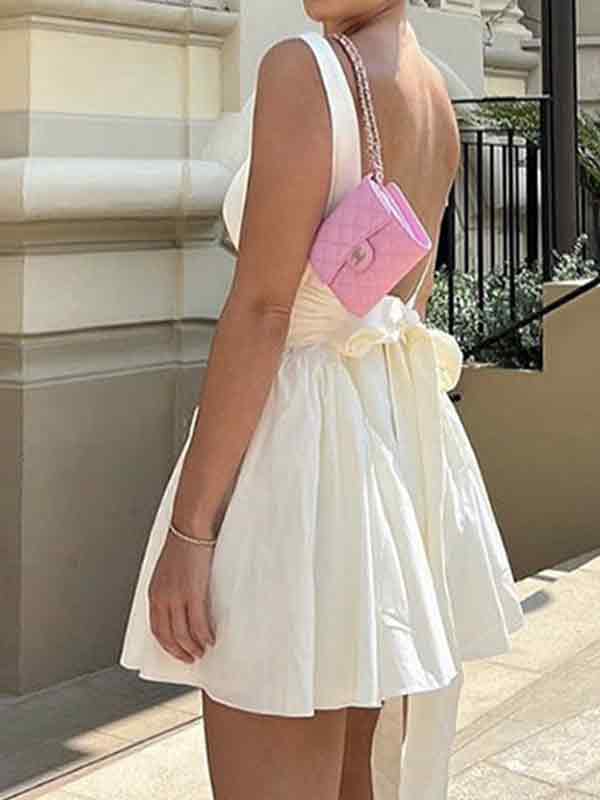 French Backless Lace Up Mini Dress with Tie Back - View 4