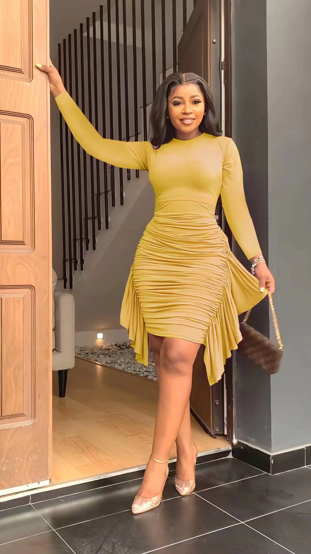 Elegant Slim Fit Pleated Ruffled Long Sleeve Spring Autumn Casual Dress