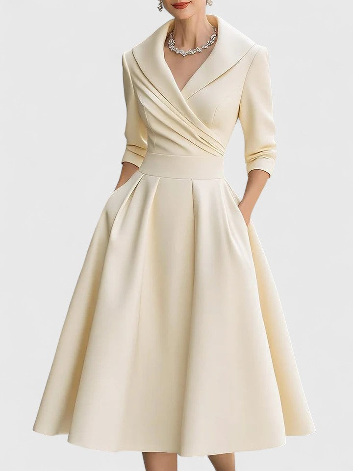 Satin Collared Long Sleeve Fit and Flare Midi Dress 7