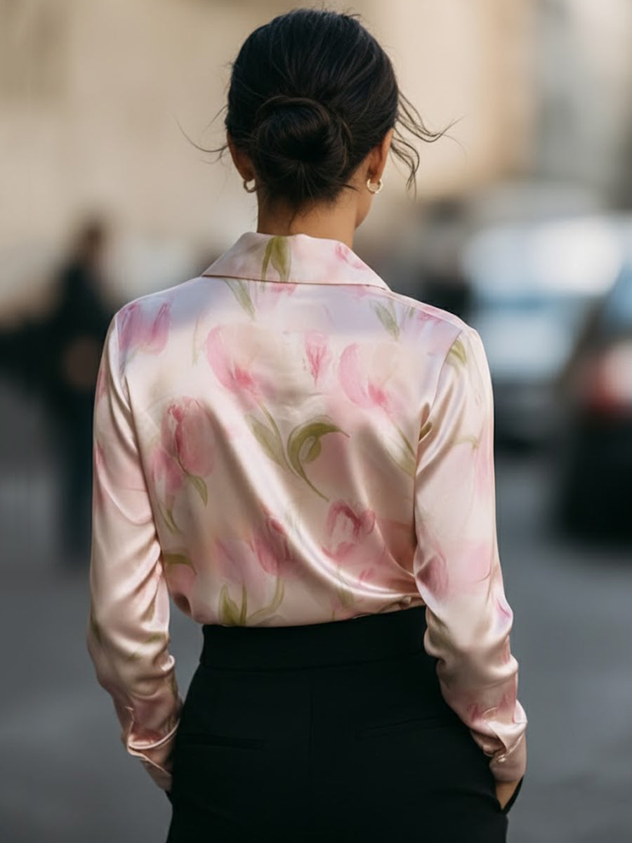 Floral Print Satin Collared Long Sleeve Blouse