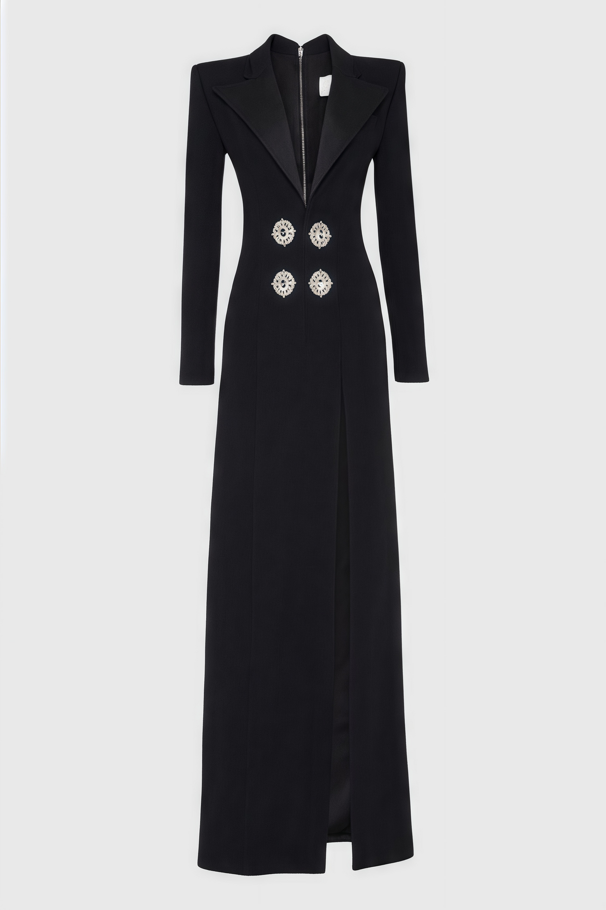 Deep V-Neck Long Sleeve Jeweled Button High Split Blazer Maxi Dress 3