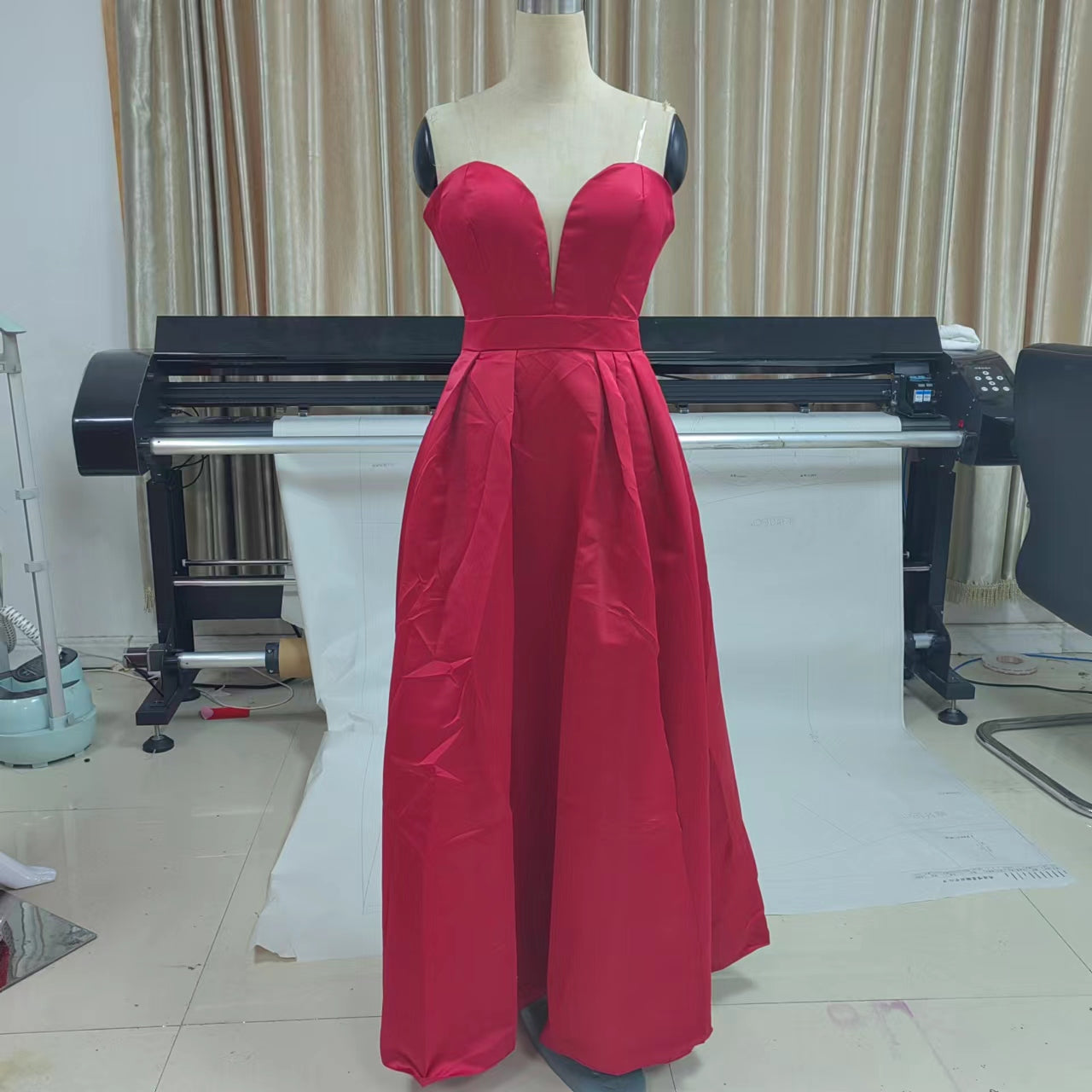 Strapless Plunging Deep V-Neck Pleated High Split Satin Maxi Gown