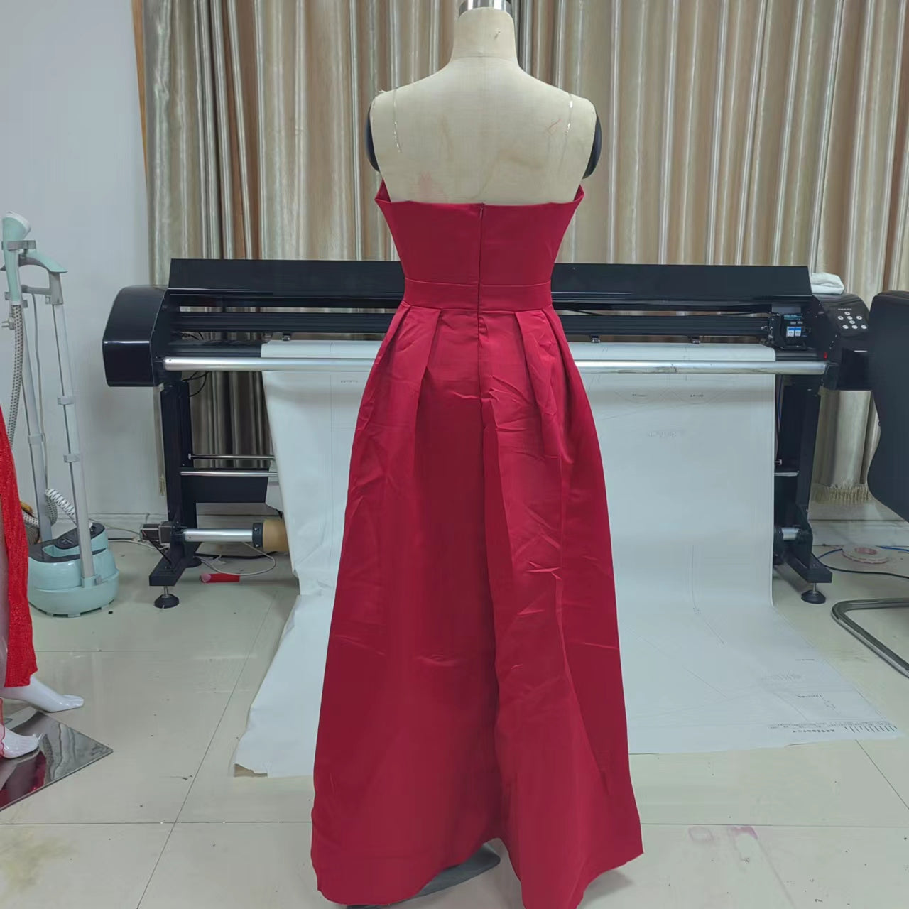 Strapless Plunging Deep V-Neck Pleated High Split Satin Maxi Gown