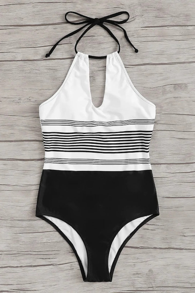 Halter Neck Keyhole Striped One Piece Swimsuit