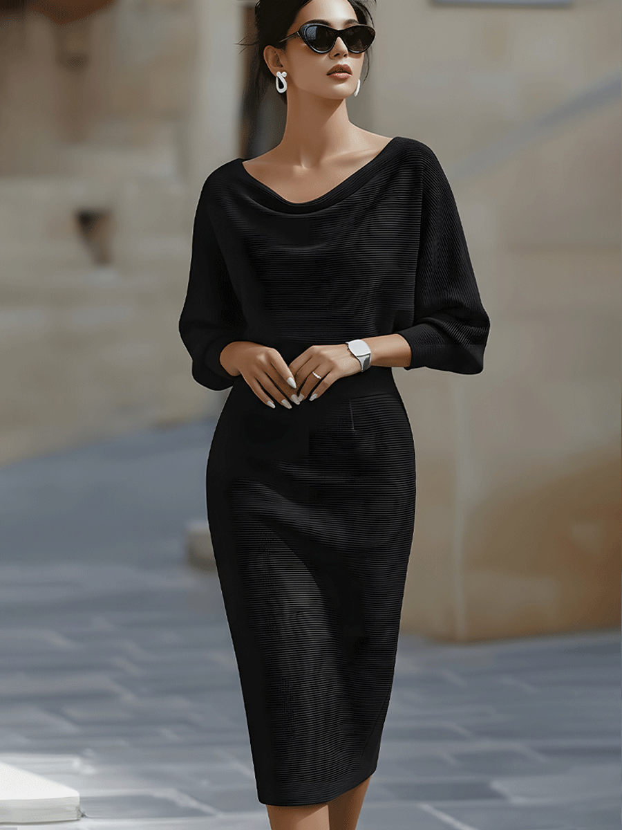Knit Cowl Neck Batwing Long Sleeve Bodycon Midi Dress 12