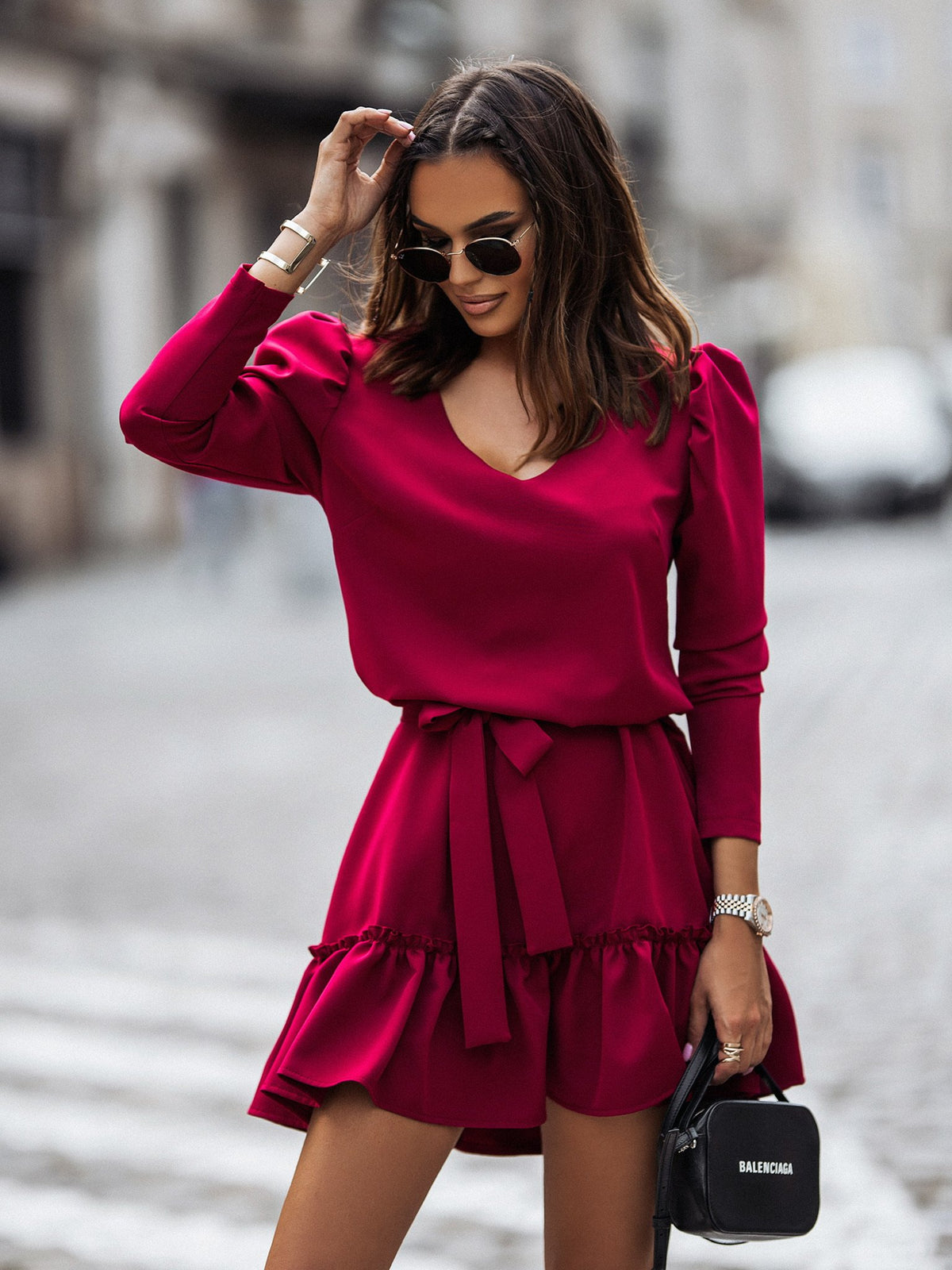 New V Neck Long Sleeved Solid Gathered Waist Pleated Dress