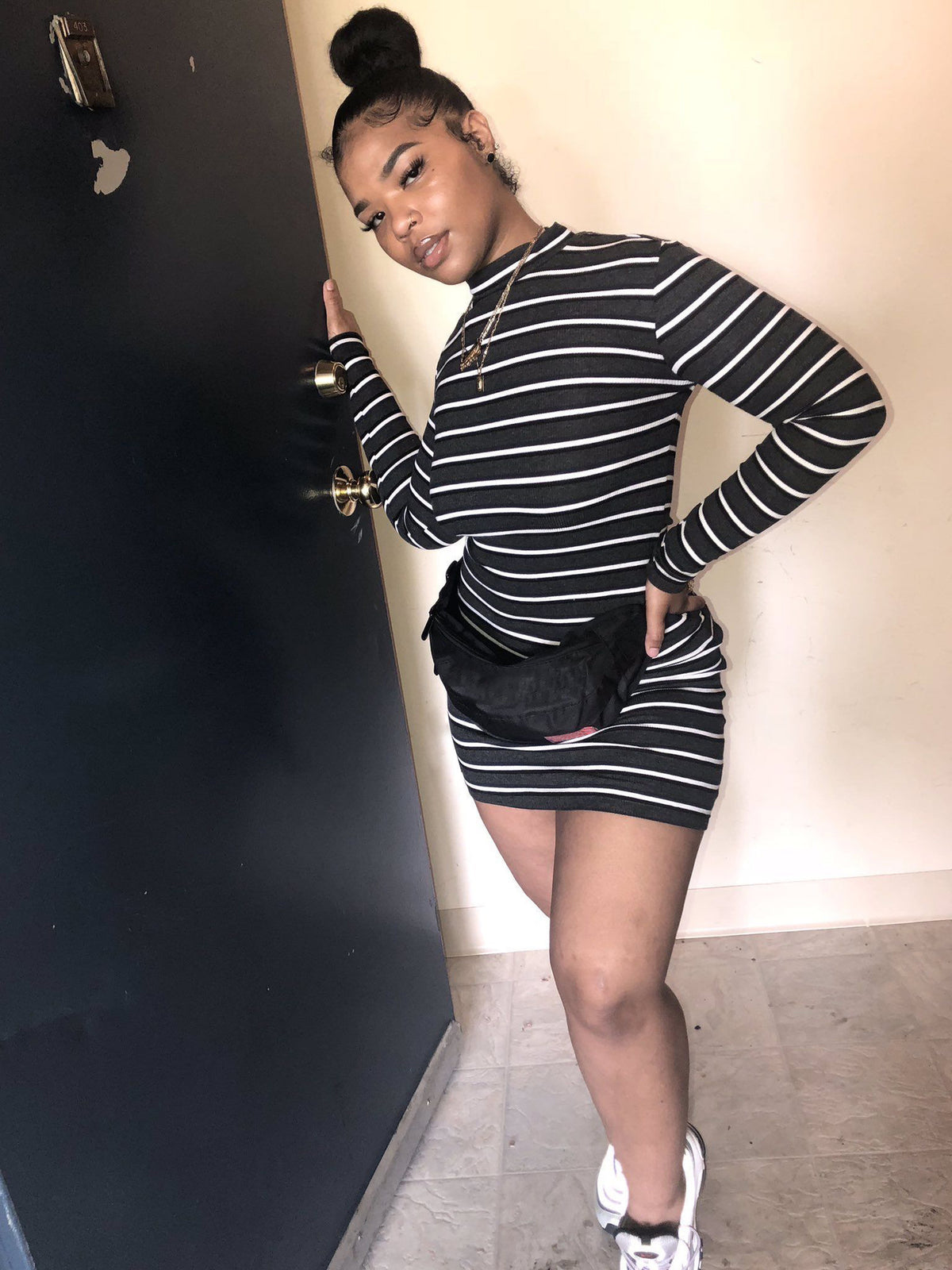 Women Clothing Striped Long Sleeve Short Dress
