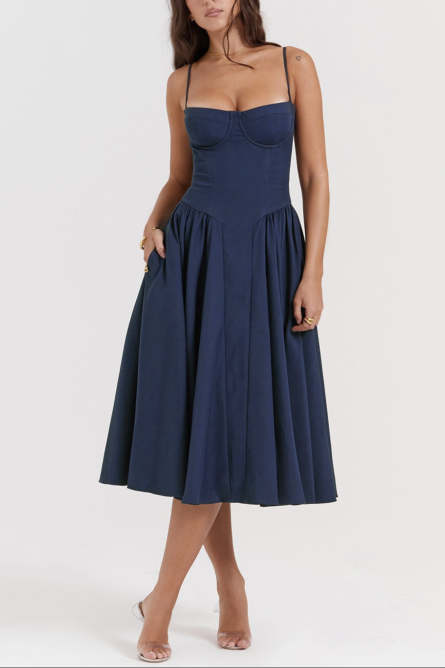 Square Neck Cap Sleeve Fit and Flare Midi Dress 23