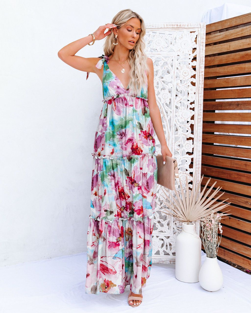 Watercolor Floral Tie Shoulder V-Neck Tiered Ruffle Maxi Dress