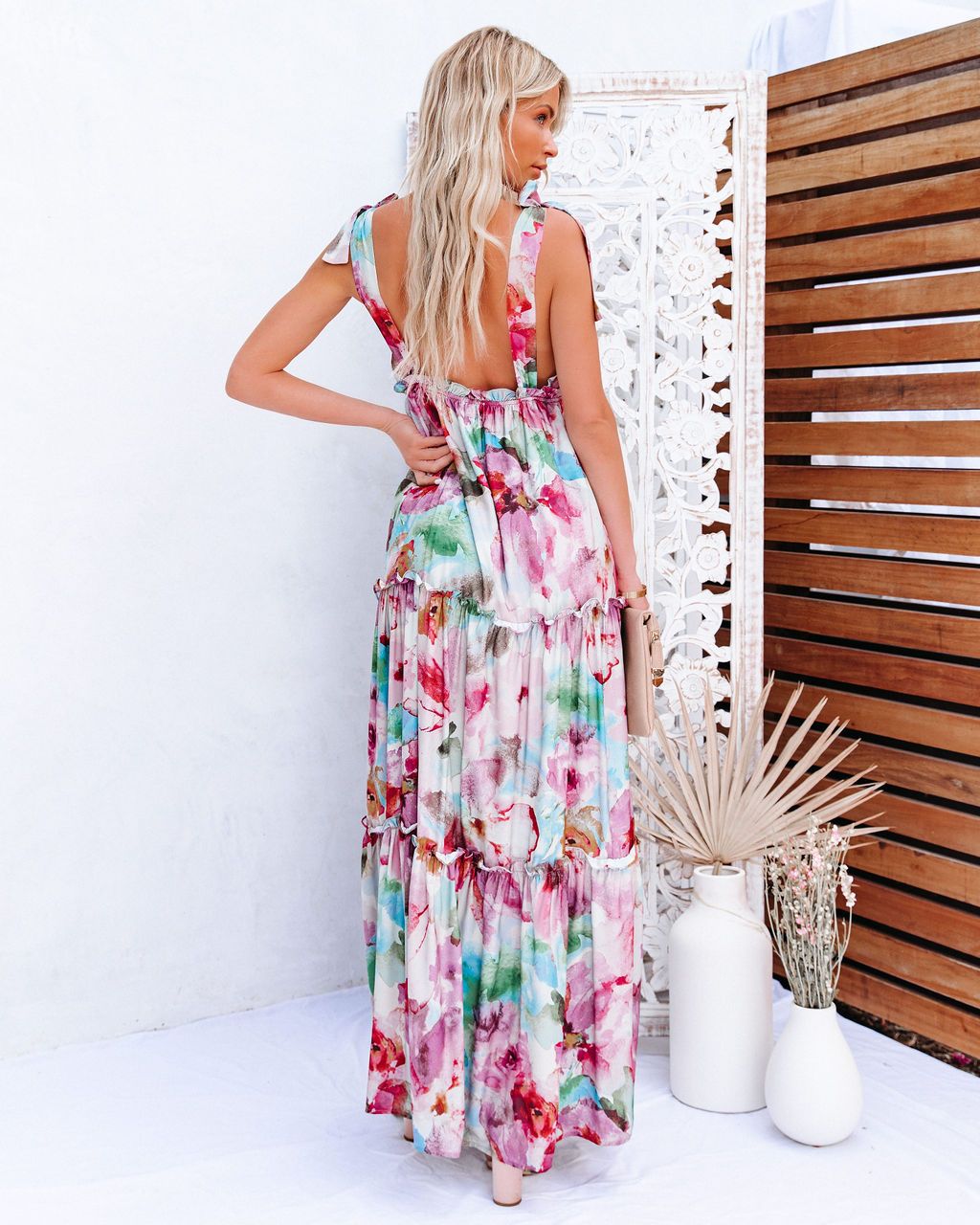 Watercolor Floral Tie Shoulder V-Neck Tiered Ruffle Maxi Dress 2