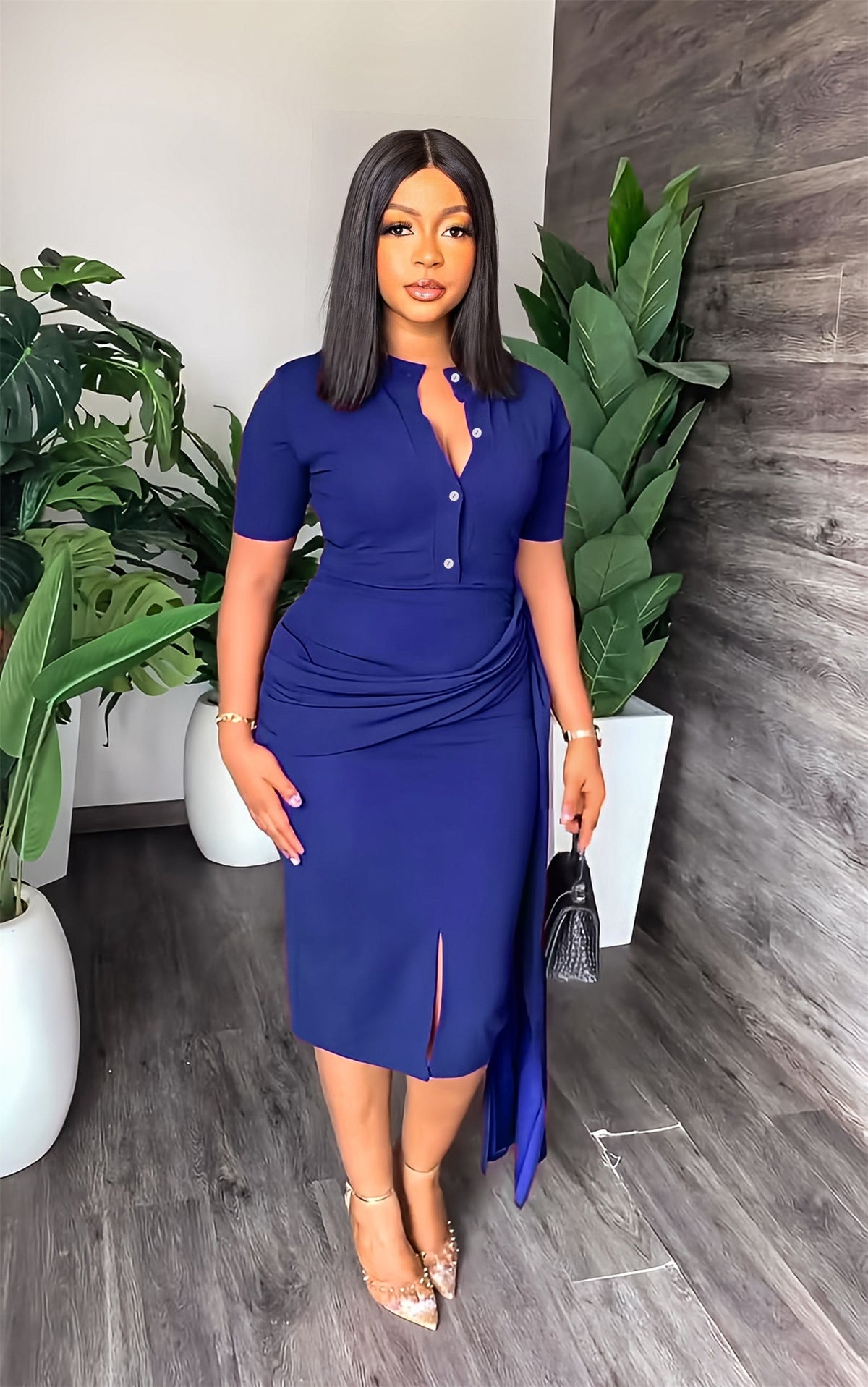 Short Sleeve Solid Color Waisted Slim Fit Package Hip Mid Length Women Dress