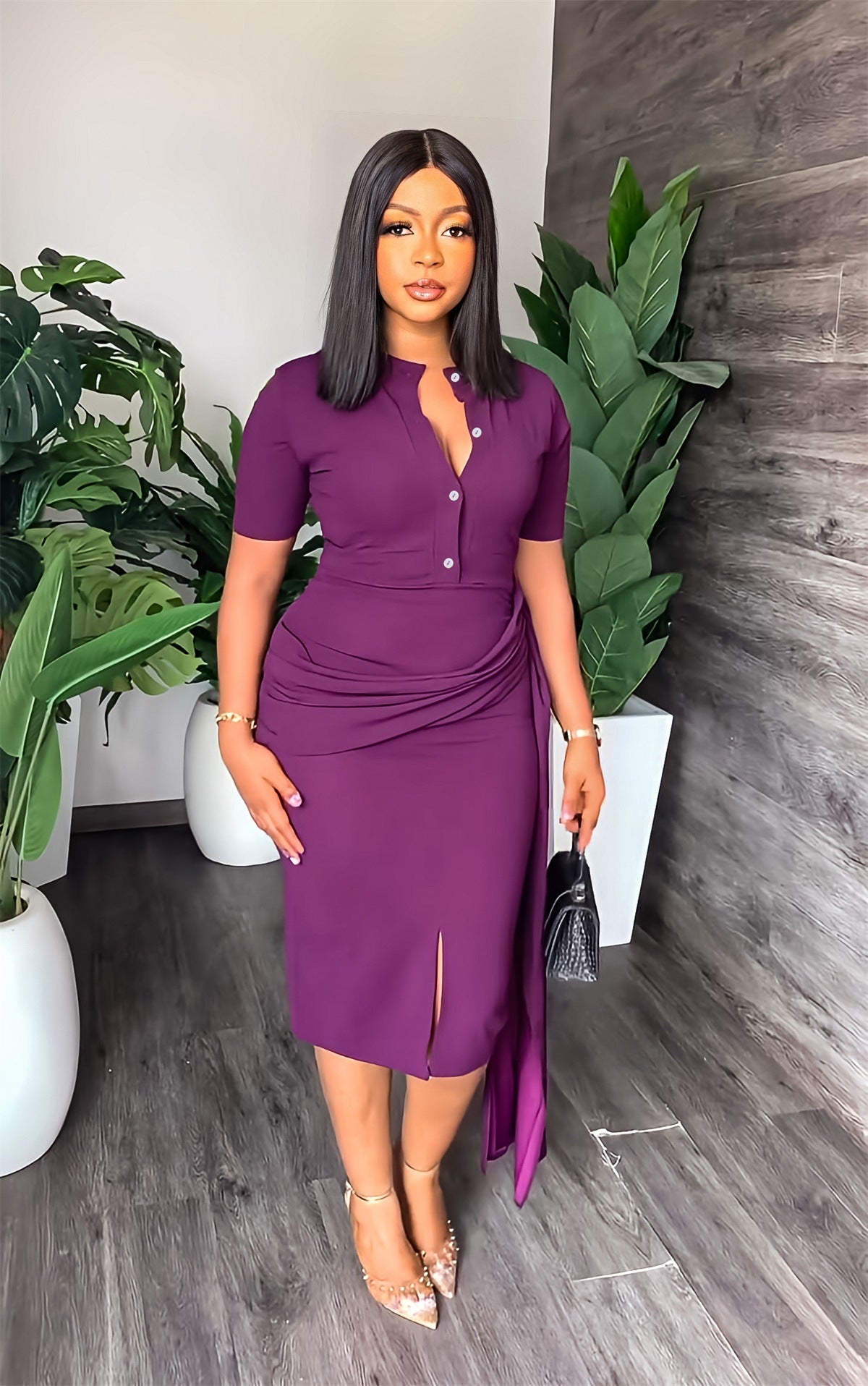 Short Sleeve Solid Color Waisted Slim Fit Package Hip Mid Length Women Dress