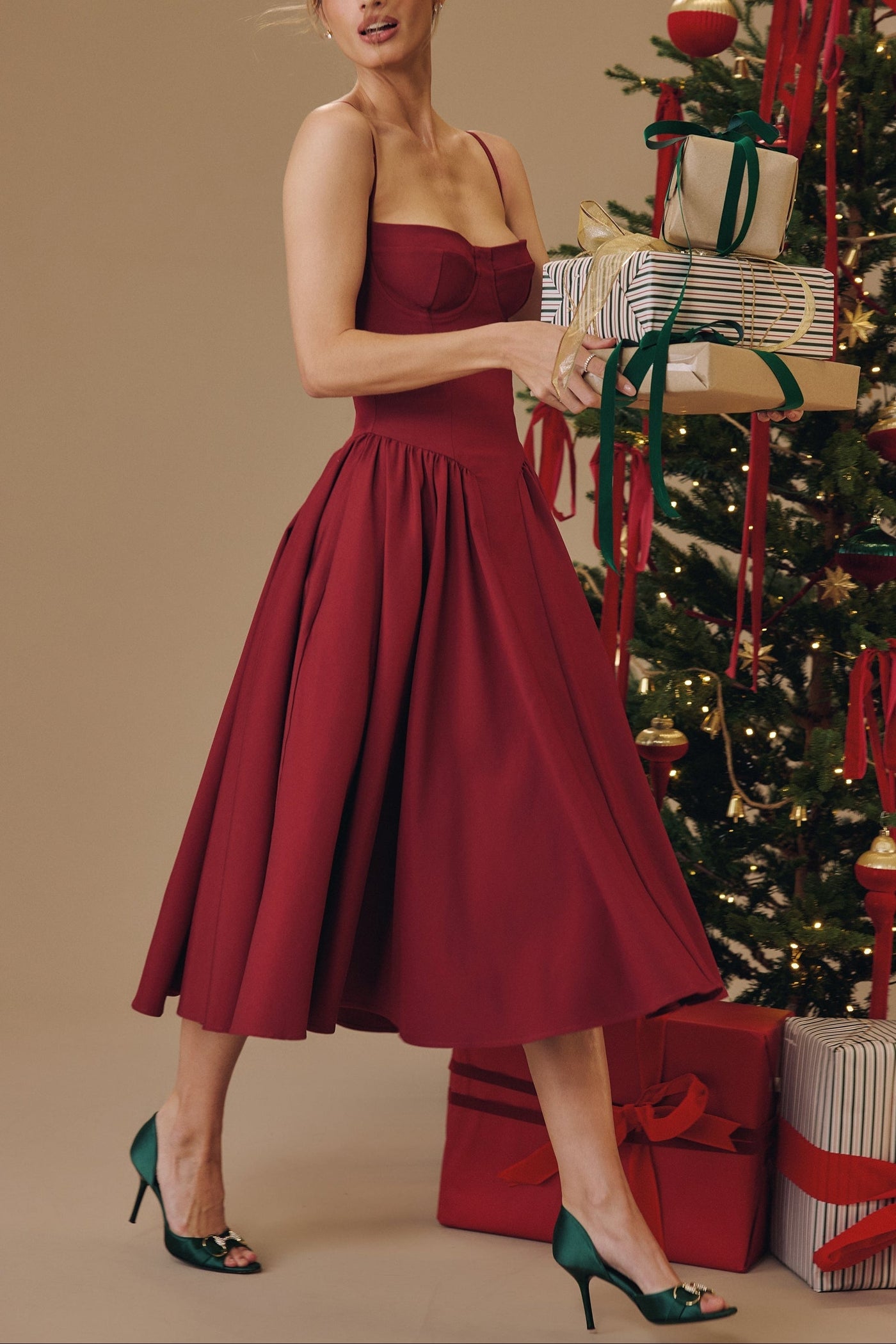 Square Neck Cap Sleeve Fit and Flare Midi Dress 17