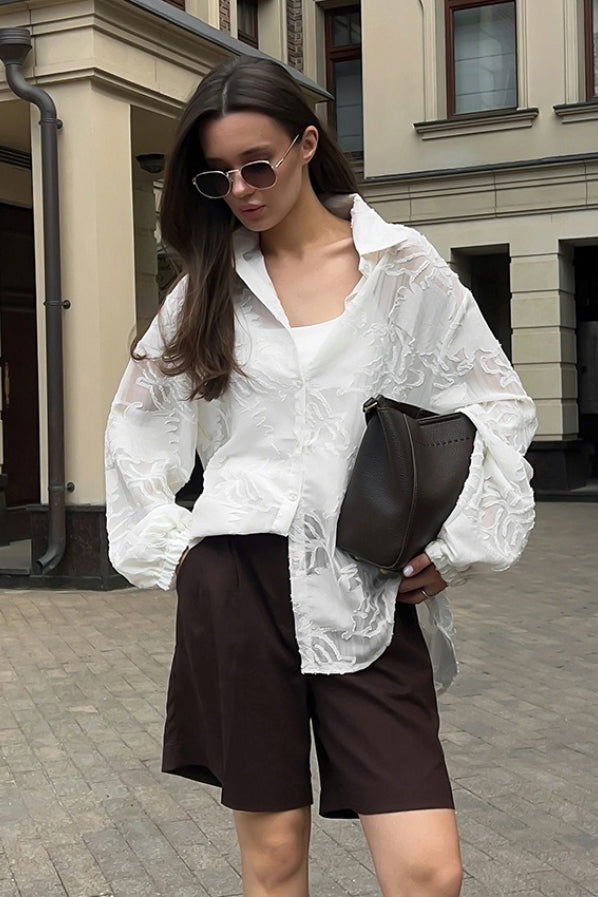Sheer Textured Jacquard Collared Balloon Sleeve Oversized Shirt