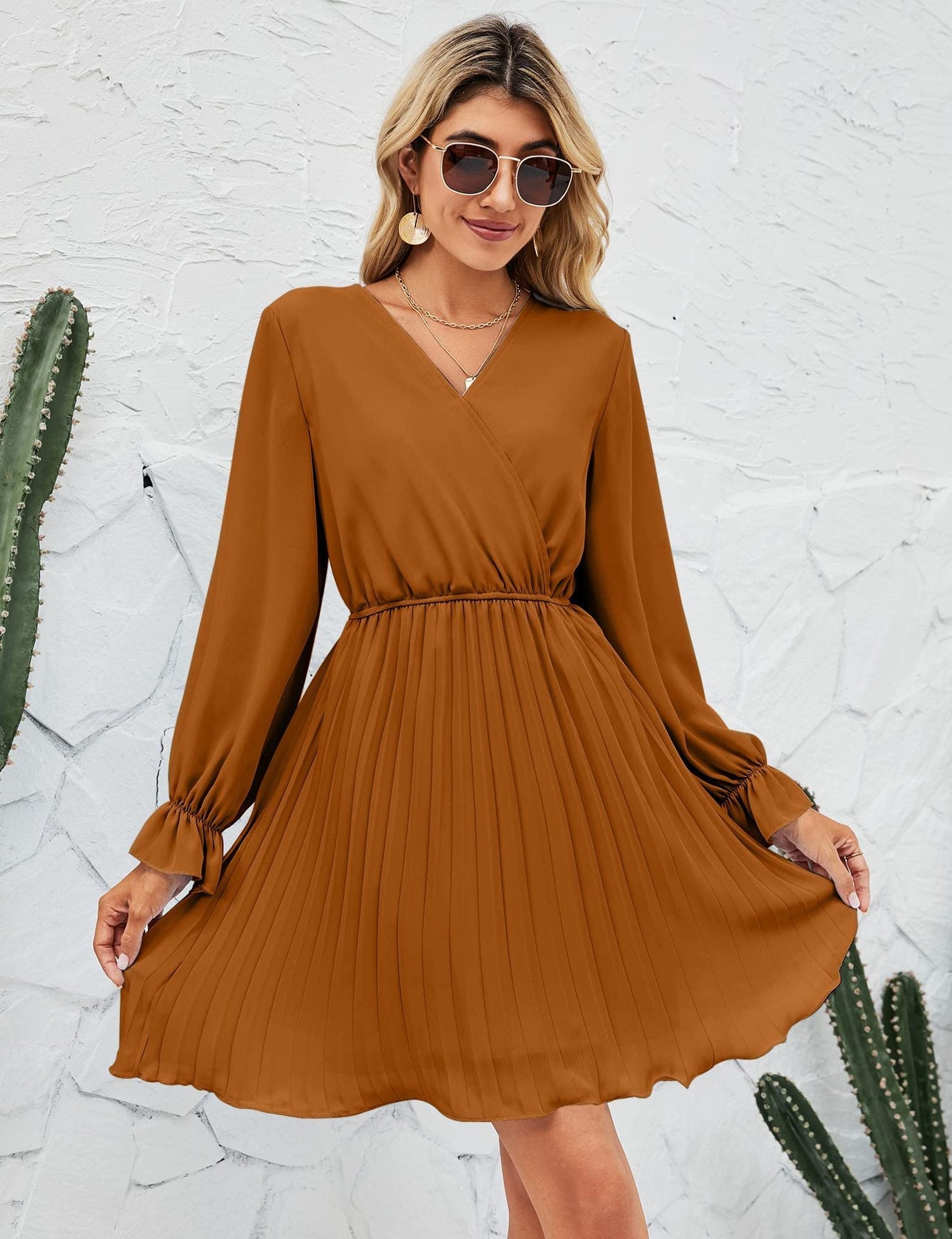 Wrap V-Neck Long Sleeve Pleated Fit and Flare Mini Dress