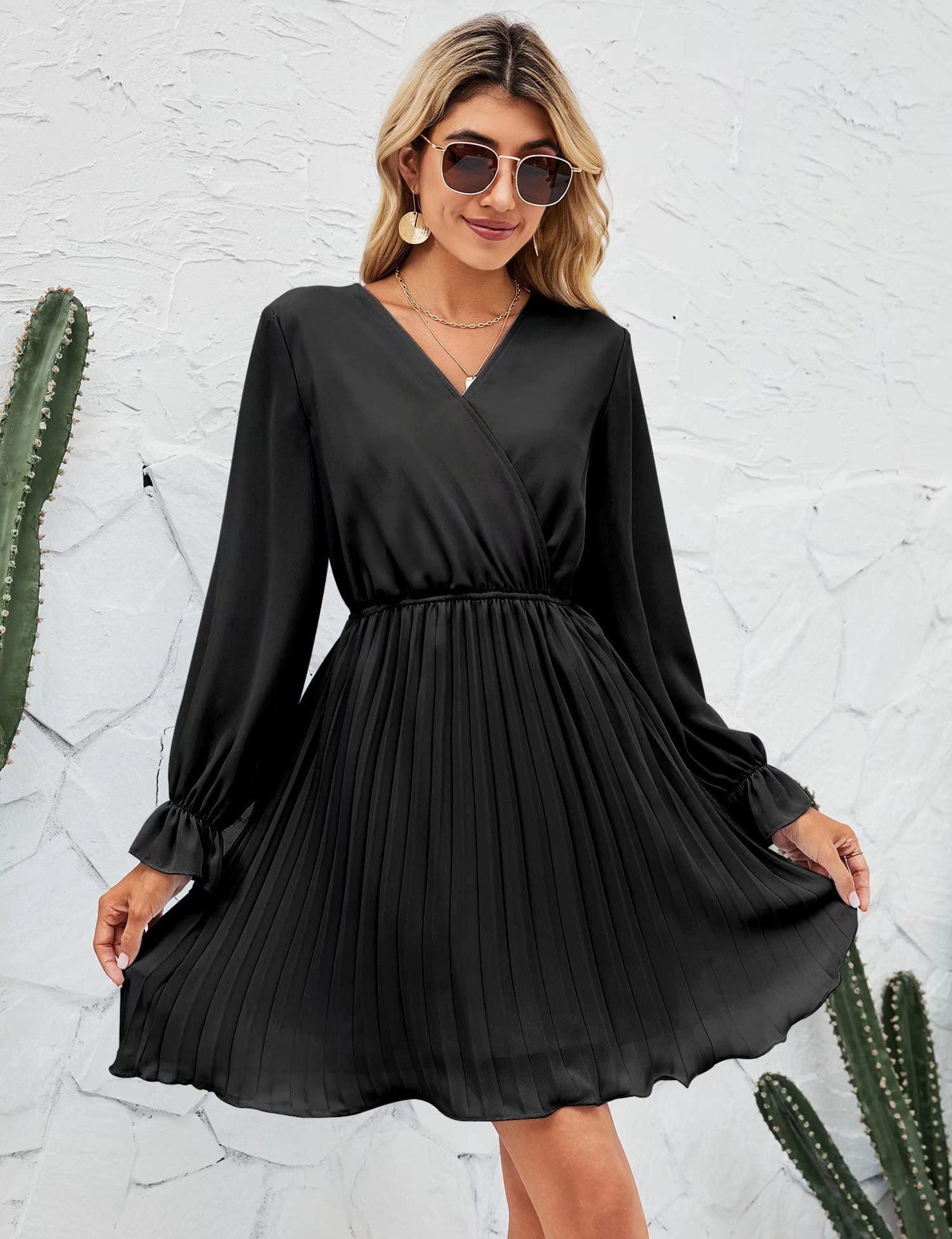 Wrap V-Neck Long Sleeve Pleated Fit and Flare Mini Dress