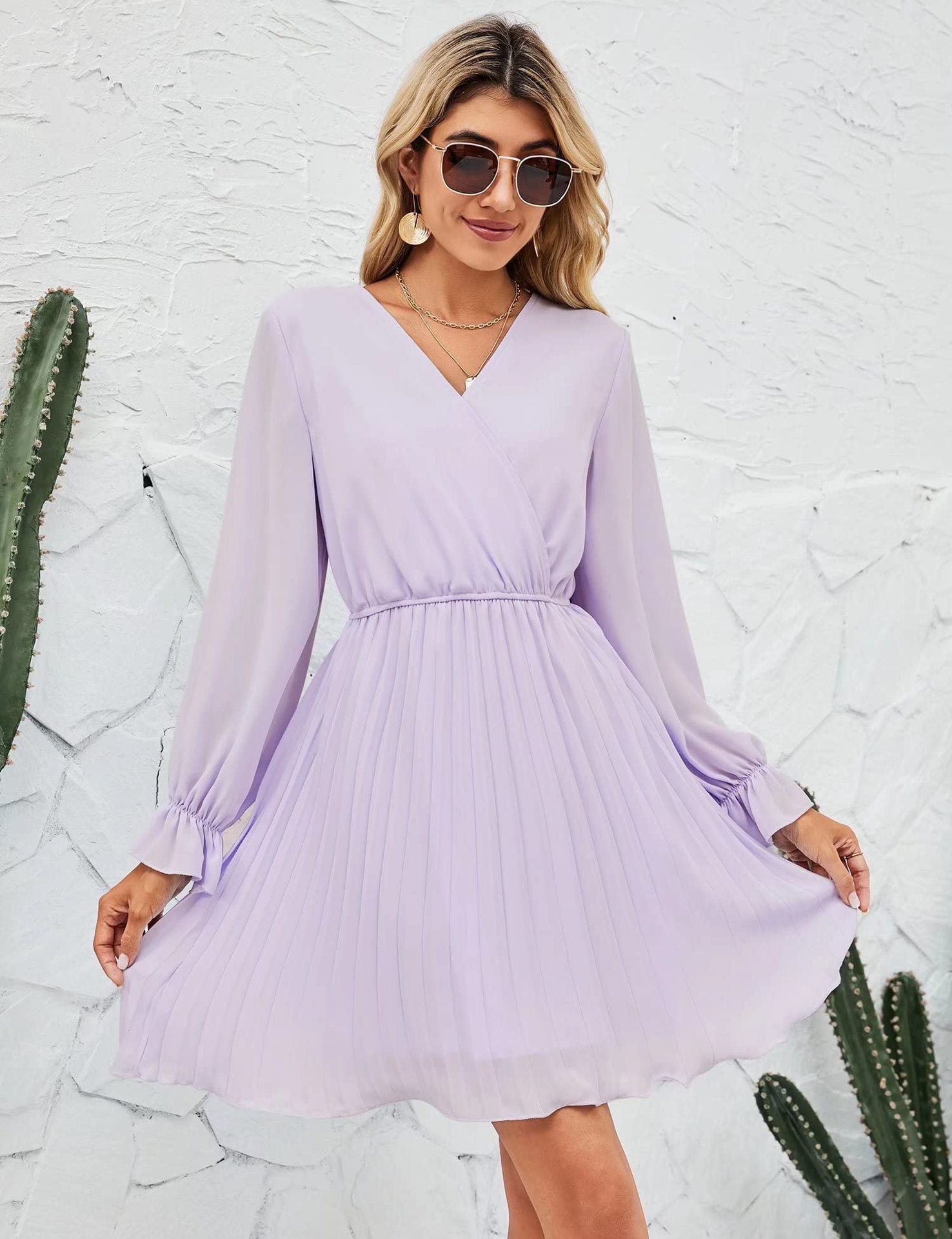Wrap V-Neck Long Sleeve Pleated Fit and Flare Mini Dress