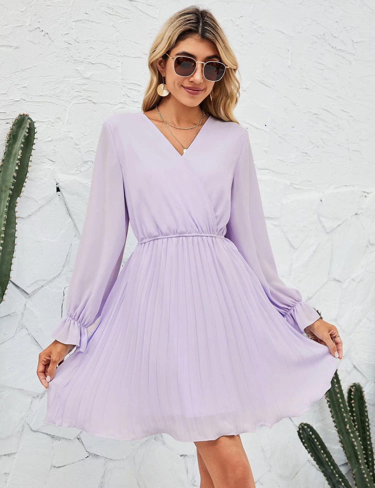 Pleated V-Neck Wrap Long Sleeve Ruffle Cuff Mini Dress 5