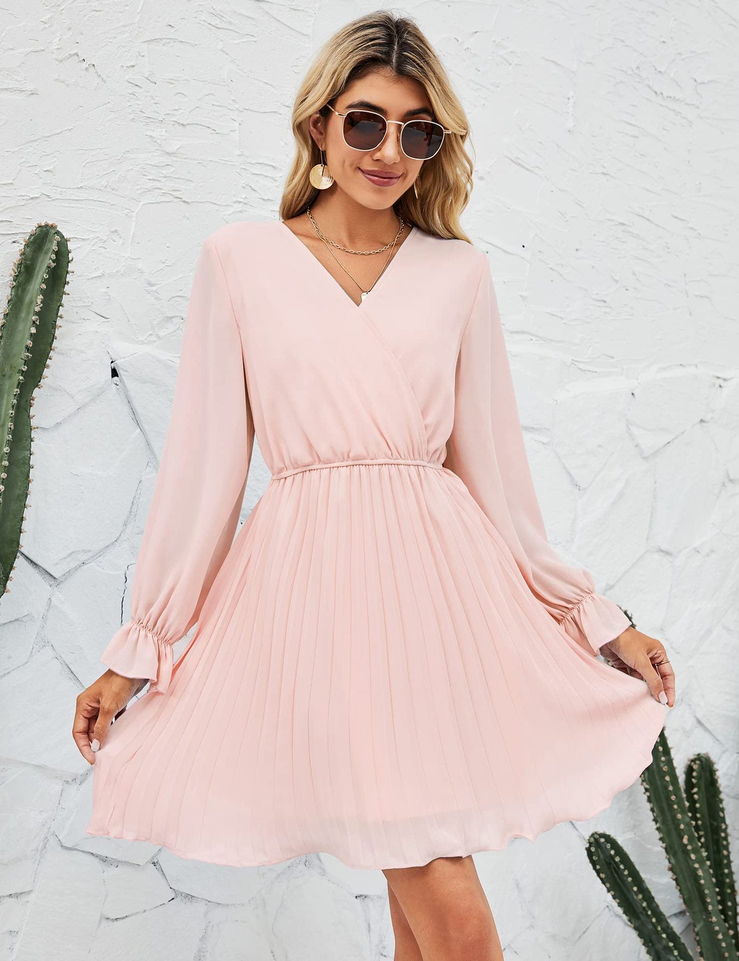 Wrap V-Neck Long Sleeve Pleated Fit and Flare Mini Dress