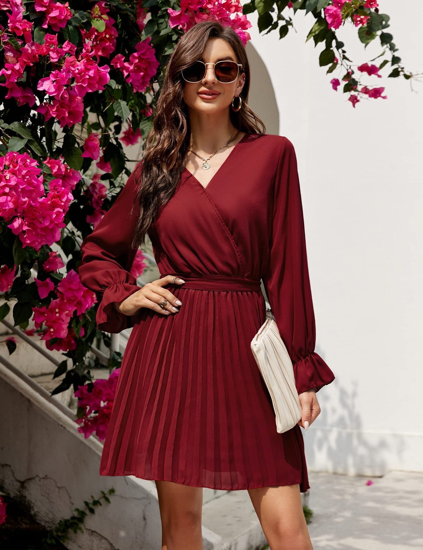 Wrap V-Neck Long Sleeve Pleated Fit and Flare Mini Dress