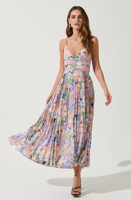 Floral Print V-Neck Spaghetti Strap Pleated Midi Dress