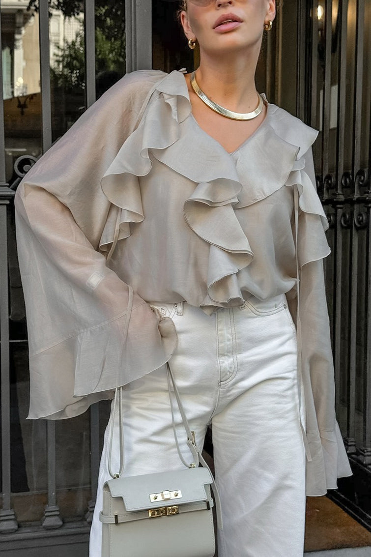 V-Neck Layered Ruffle Collar Bell Sleeve Semi Sheer Blouse