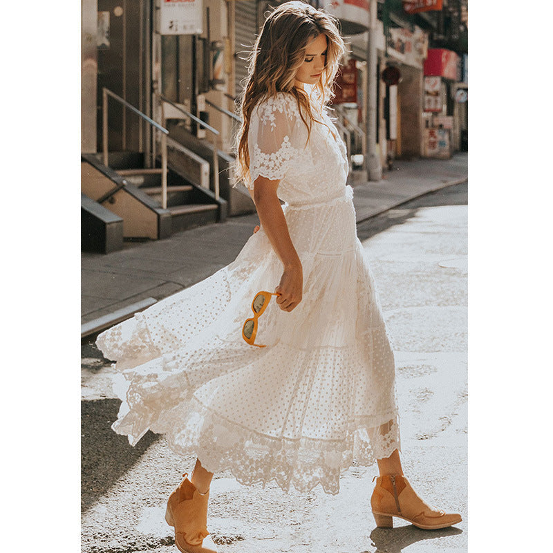 Swiss Dot Lace Trim Short Sleeve Elastic Waist Tiered Scalloped Hem Maxi Dress