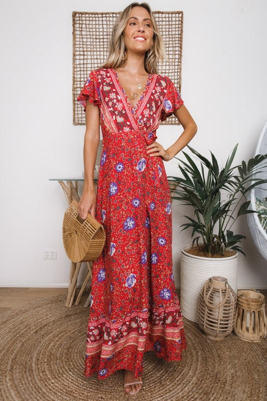 Mercury Printed Bardot Wrap Maxi Dress