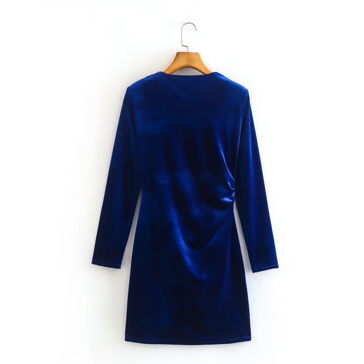Velvet Asymmetric Neckline Padded Shoulder Long Sleeve Ruched Mini Dress 3