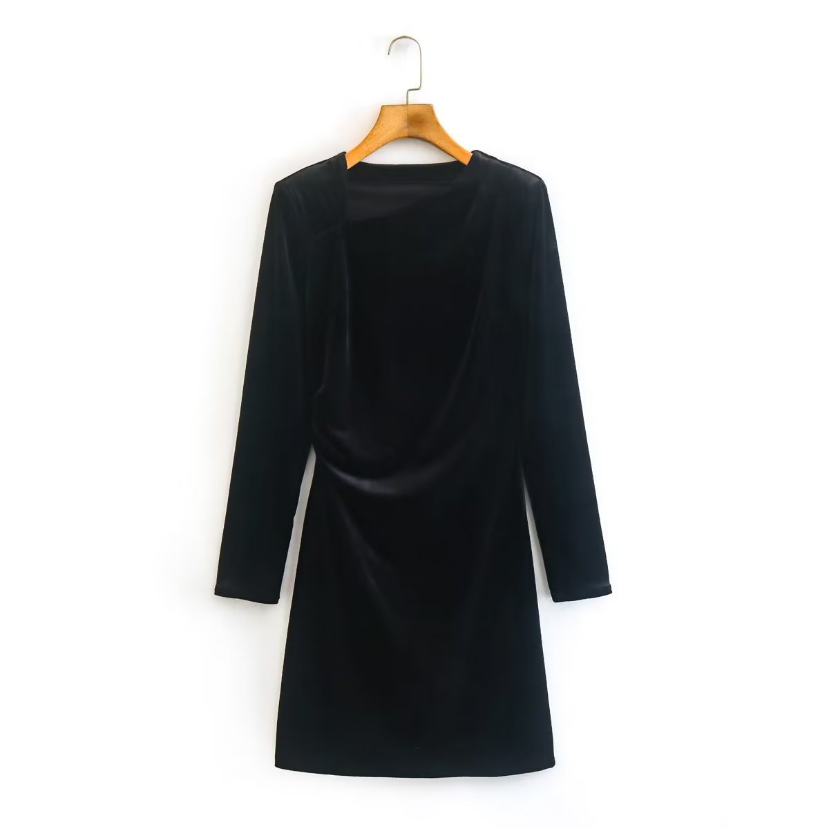 Velvet Asymmetric Neckline Padded Shoulder Long Sleeve Ruched Mini Dress 4