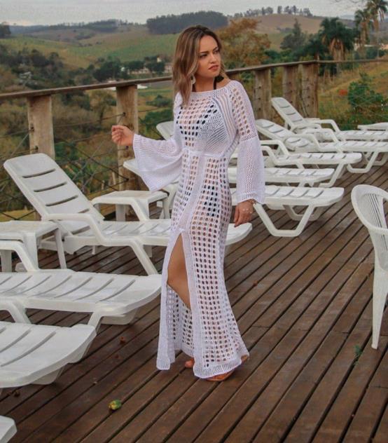 Cotton Sheer Crochet Maxi Dress White
