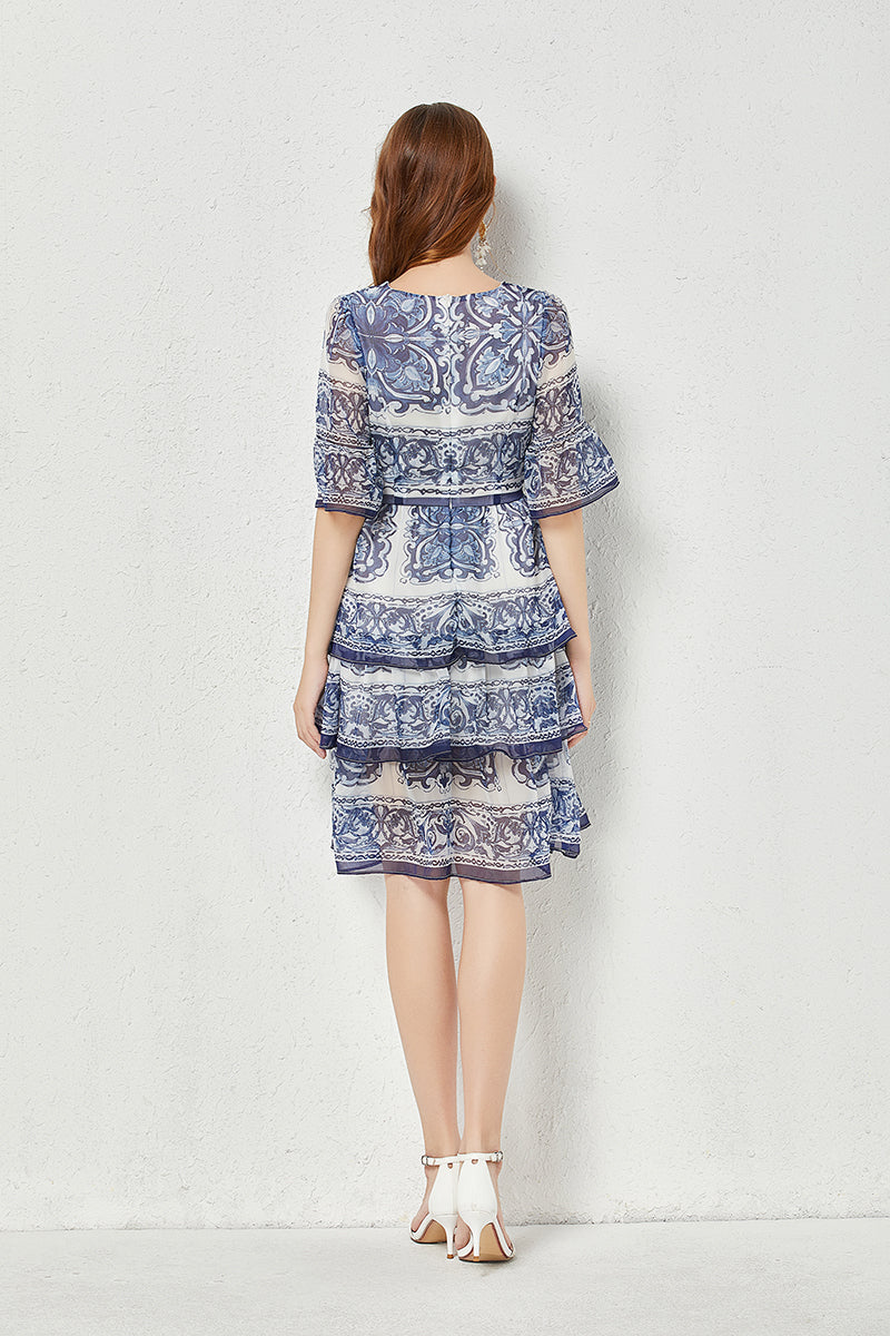 Baroque Print Chiffon Tiered Flutter Sleeve Midi Dress