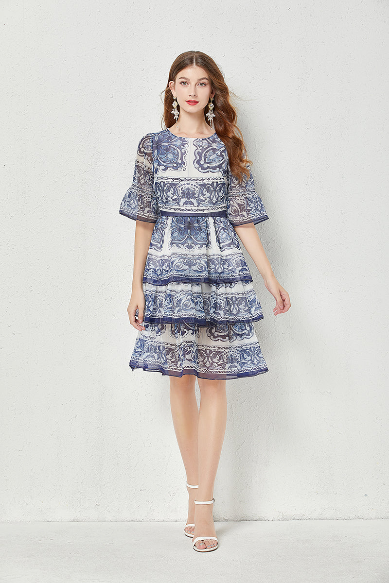 Baroque Print Chiffon Tiered Flutter Sleeve Midi Dress
