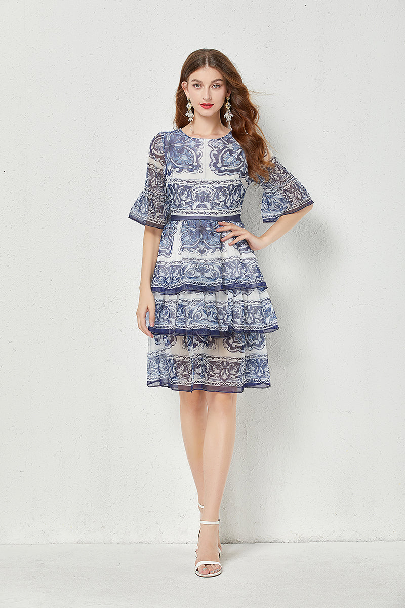 Baroque Print Chiffon Tiered Flutter Sleeve Midi Dress