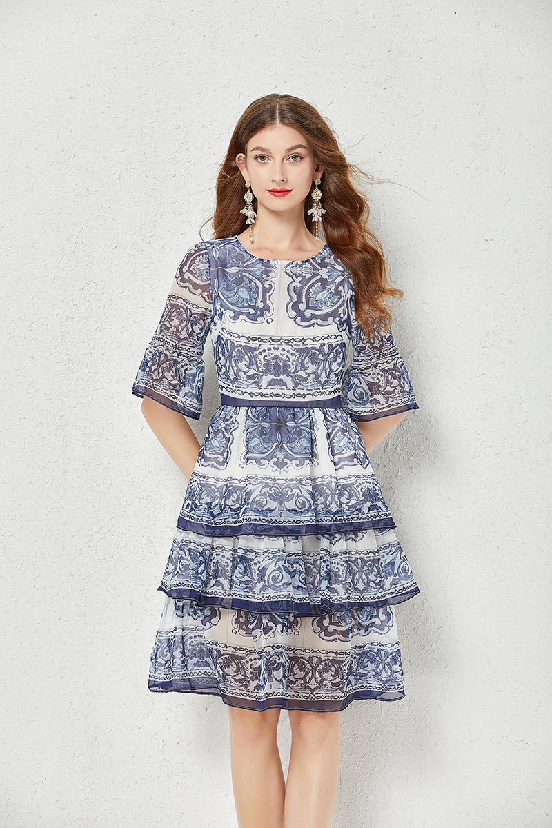 Baroque Print Chiffon Tiered Flutter Sleeve Midi Dress