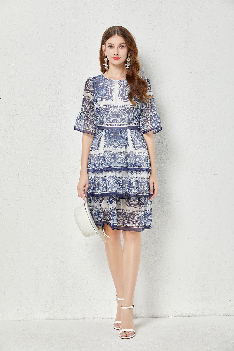 Baroque Print Chiffon Tiered Flutter Sleeve Midi Dress
