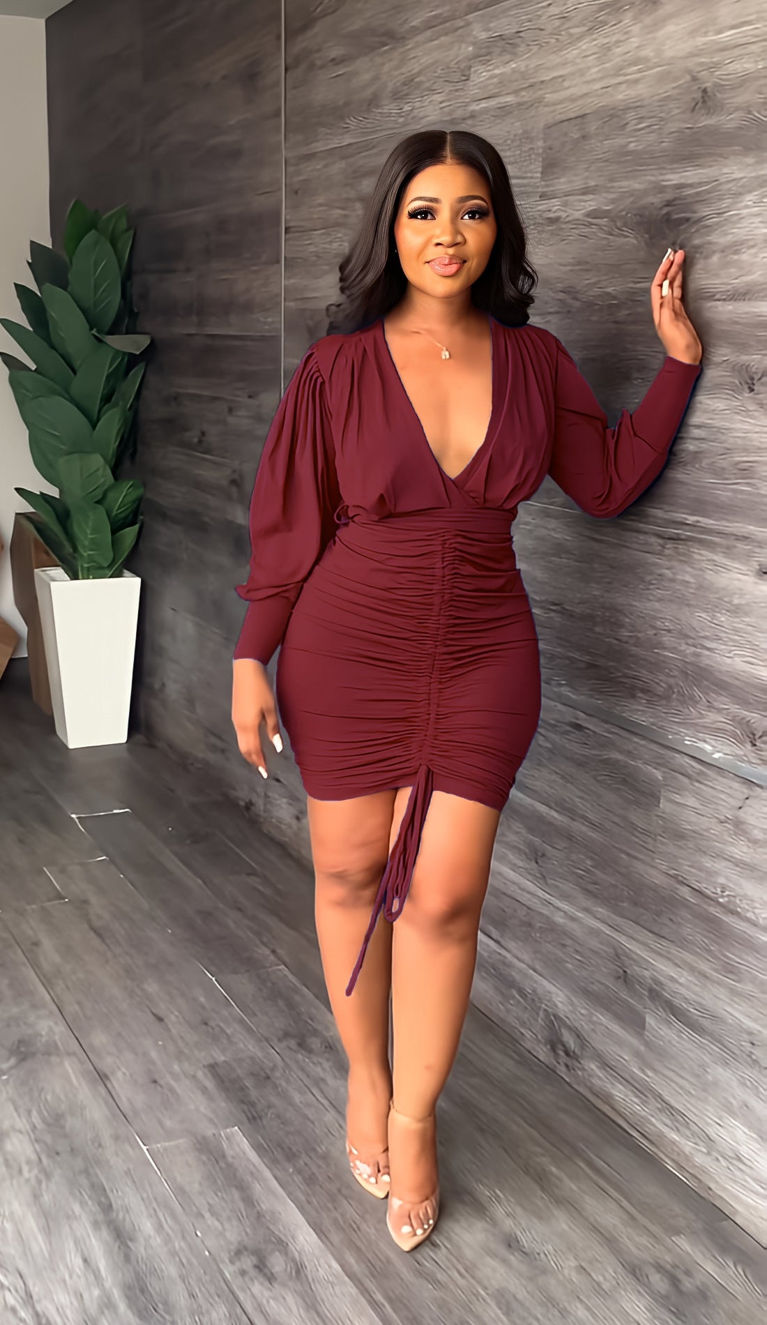 Deep V-Neck Puff Long Sleeve Ruched Drawstring Front Bodycon Mini Dress