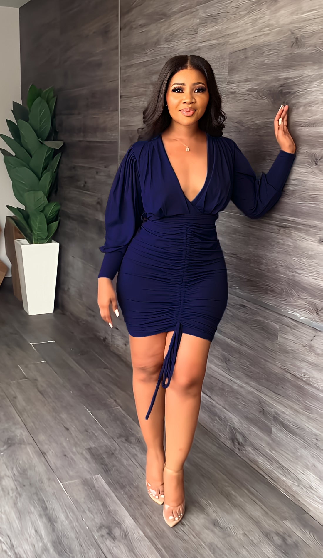 Deep V-Neck Puff Long Sleeve Ruched Drawstring Front Bodycon Mini Dress 3