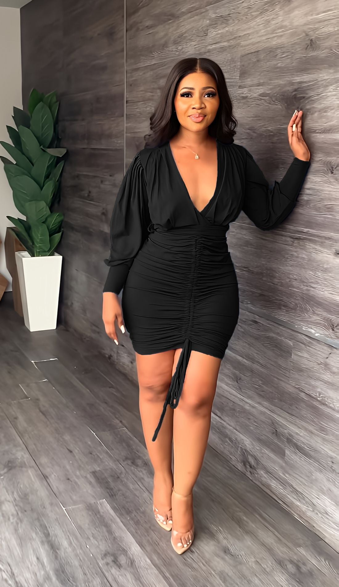 Deep V-Neck Puff Long Sleeve Ruched Drawstring Front Bodycon Mini Dress 4