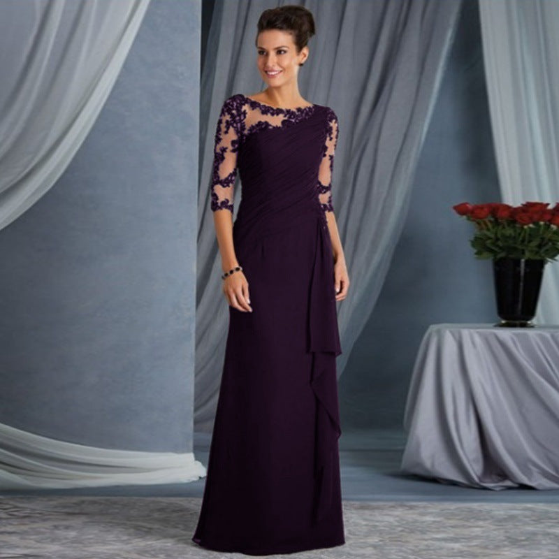 Lace Illusion Boat Neck Three Quarter Sleeve Ruched Side Drape Maxi Gown