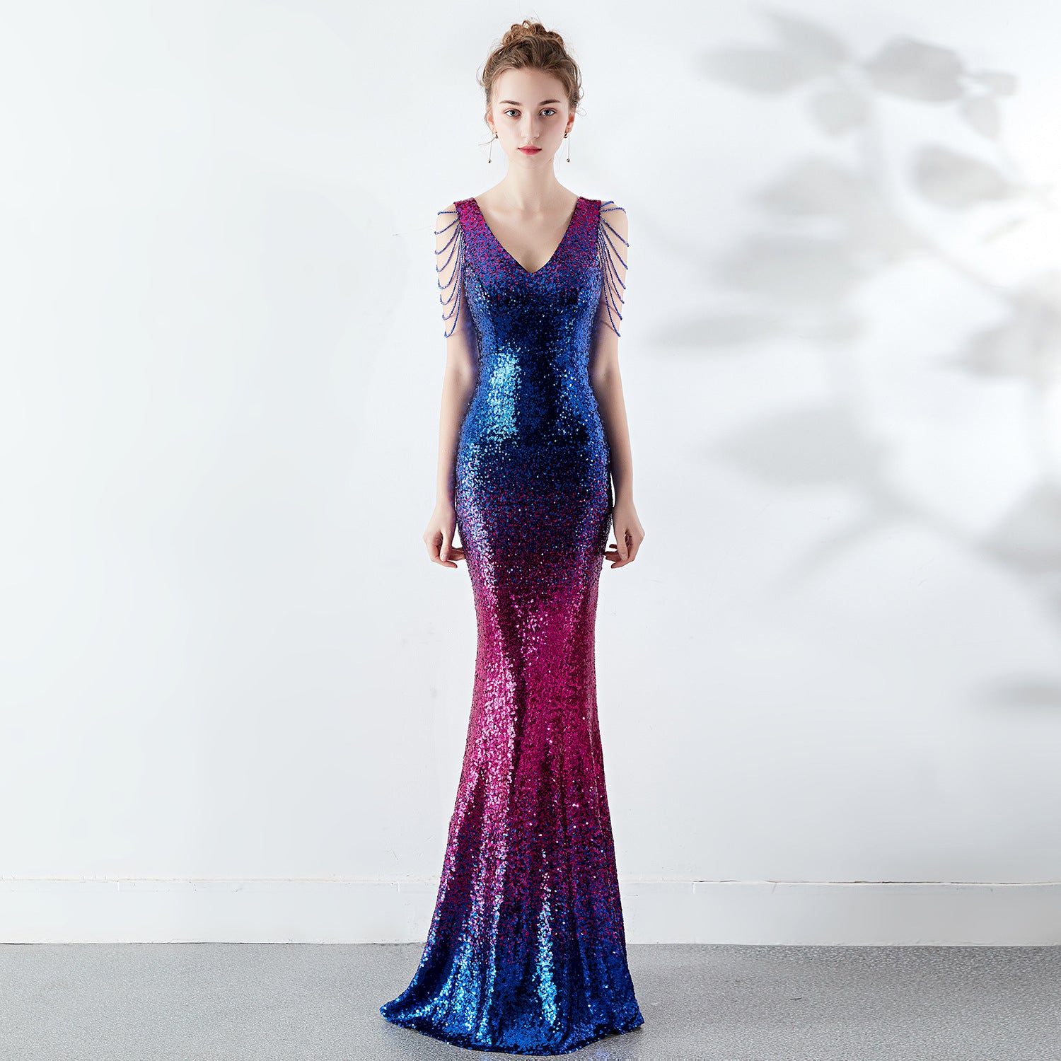 Gradient Color Crystal Drill Chain Sexy Slim Evening Party Dress Annual Meeting Host Party Club Evening Wear Formal Gown